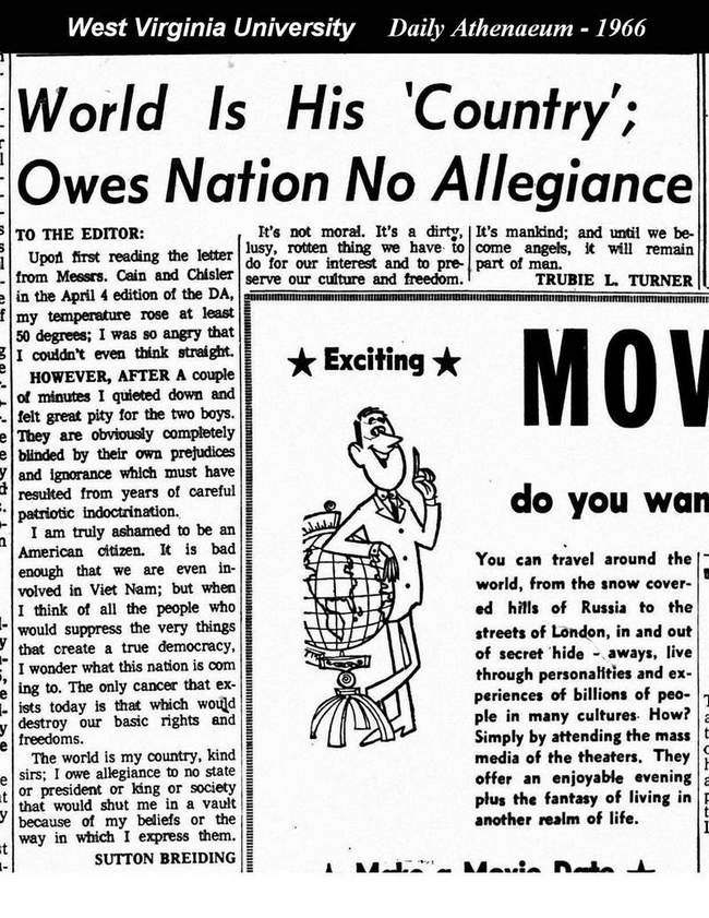 G. Sutton Breiding, Letter to the Editor, WVU Daily Atheneum, 1966