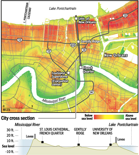 Flood zones and sea level in New Orleans