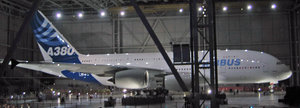 The first completed Airbus A380 at the "A380 Reveal" event in Toulouse on January 18, 2005.