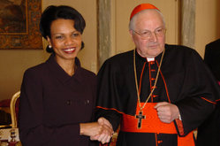 Angelo Cardinal Sodano (right) is the Dean of the College of Cardinals and Cardinal Secretary of State.  Pictured here with Condoleezza Rice, United States Secretary of State.