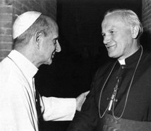 Pope Paul VI greets Karol Cardinal Wojtyła.