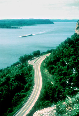 Looking down on the Great River Road in Wisconsin, with Minnesota in the distance across the Mississippi River