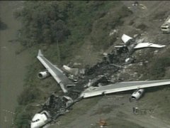 Wreckage of Air France Flight 358 the day after it crashes at Toronto Pearson International Airport