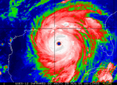 Hurricane Katrina with winds of 160 mph (255 km/h) on August 29, 2005 at 0045 [[UTC}]].