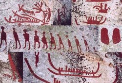 Petroglyphs from Scandinavia (Häljesta, Västmanland in Sweden). Composite. Nordic Bronze Age. The glyphs are colored similar to the assumed original coloration.