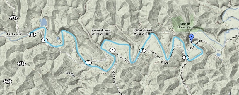 Google terrain map of Dunkard Creek Float trip