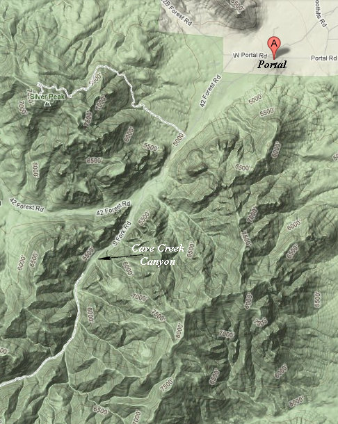 Cave Creek Canyon and the town of Portal Cave Creek Canyon and the town of Portal