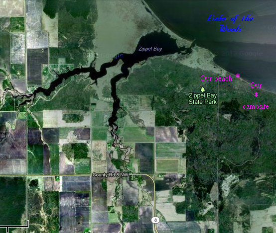 Google map showing our campsite and nearby beach on Lake of the Woods