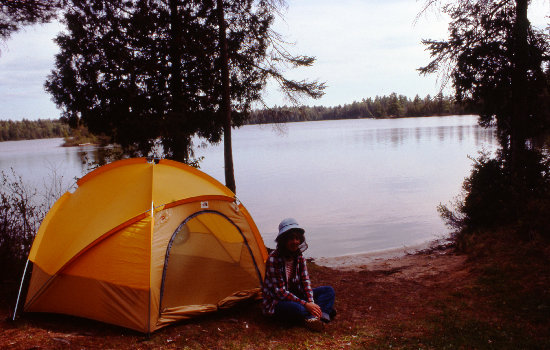 Betsy Beal with out new North FAce VE-24 tent at Little Beaver Campground: Pictured Rocks National Lakeshore