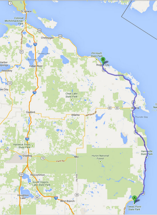 Route from Tawas Point to Rogers City