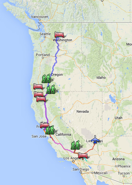Overview Map for West Coast Road Trip