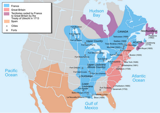 Map of North America Territories of France ,Britain, and Spain