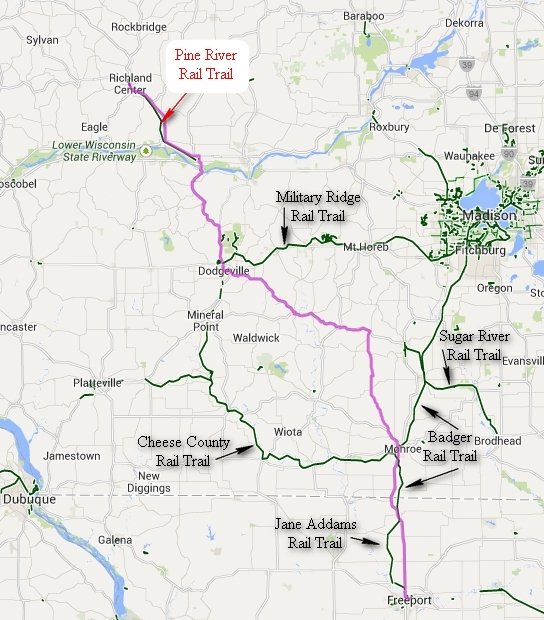 Freeport to Richland Center with Bike Trails Marked
