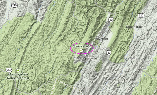 Google terrain map of Spruce Knob area