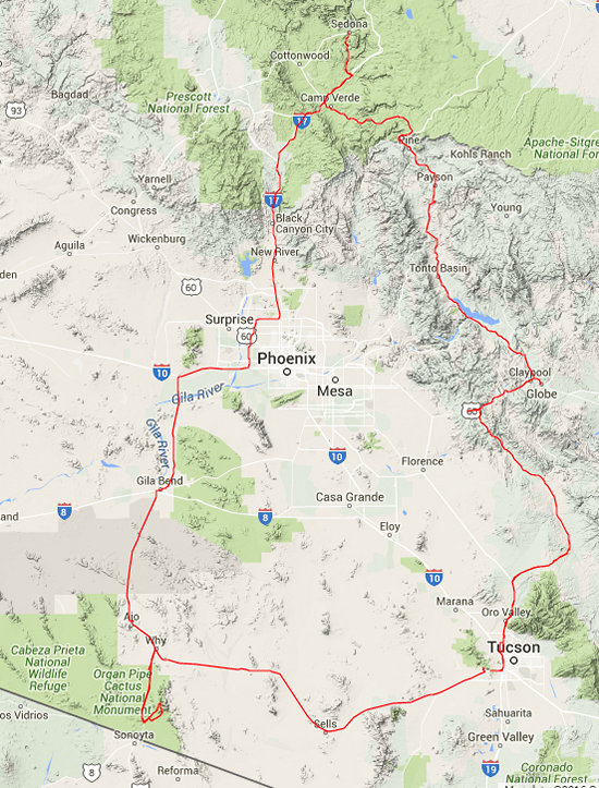 Route map for Arizona Road Trip with John