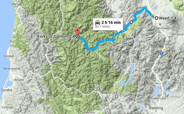 Route from Weed to Forks of Salmon
