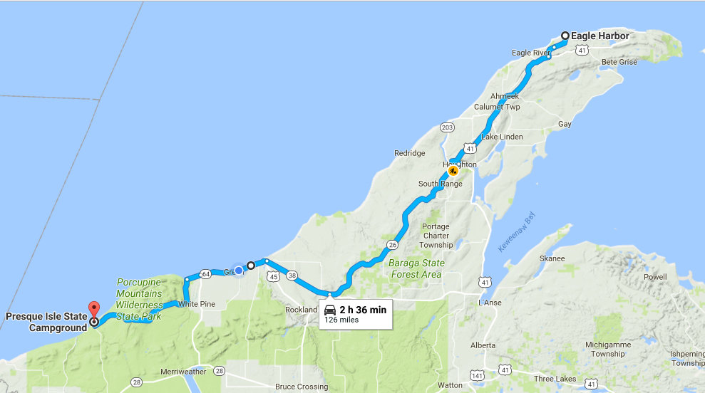 Route from Eagle Harbor to the Porcupine Mountains