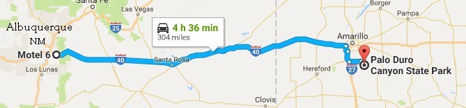 Route from Albuquerque to Palo Duro Canyon SP in Texas