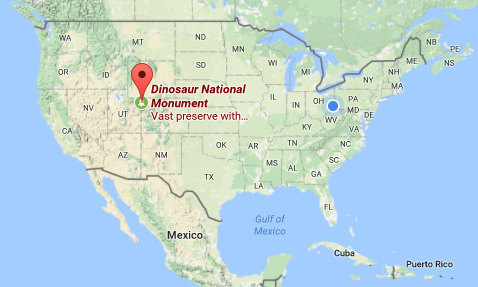 Map showing the locations of Dinosaur NM in Utah and Wheeling WV