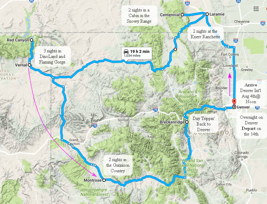 Our route through Colorado, Wyoming and Utah with stop listed