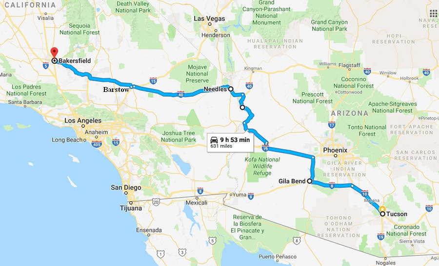 Route from Tucson to Bakersfield
