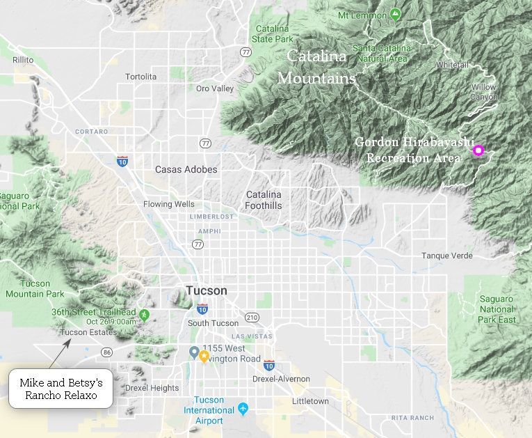 Location of the Gordon Hirabayashi Recreation Area in the Catalina Mts