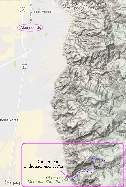 Location of Dog Canyon Trail in the Lincoln National Forest