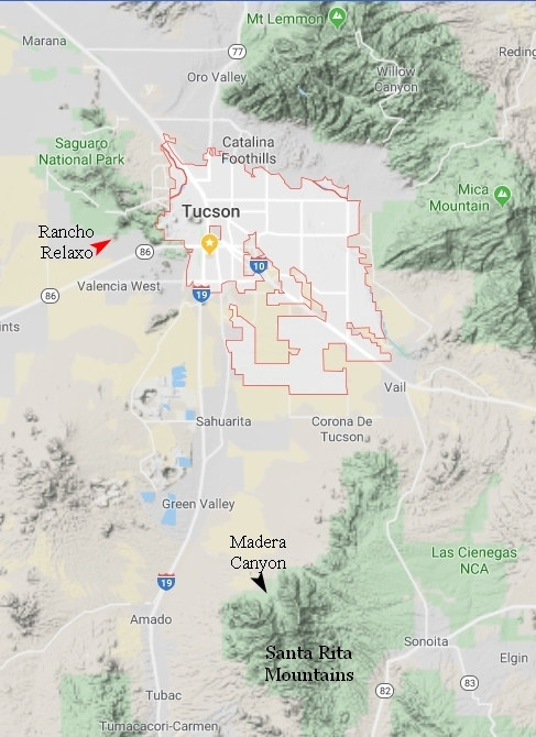 Area map showing Tucson and the surrounding mountain ranges