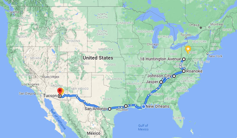 Mike's route from Morgantown to Tucson