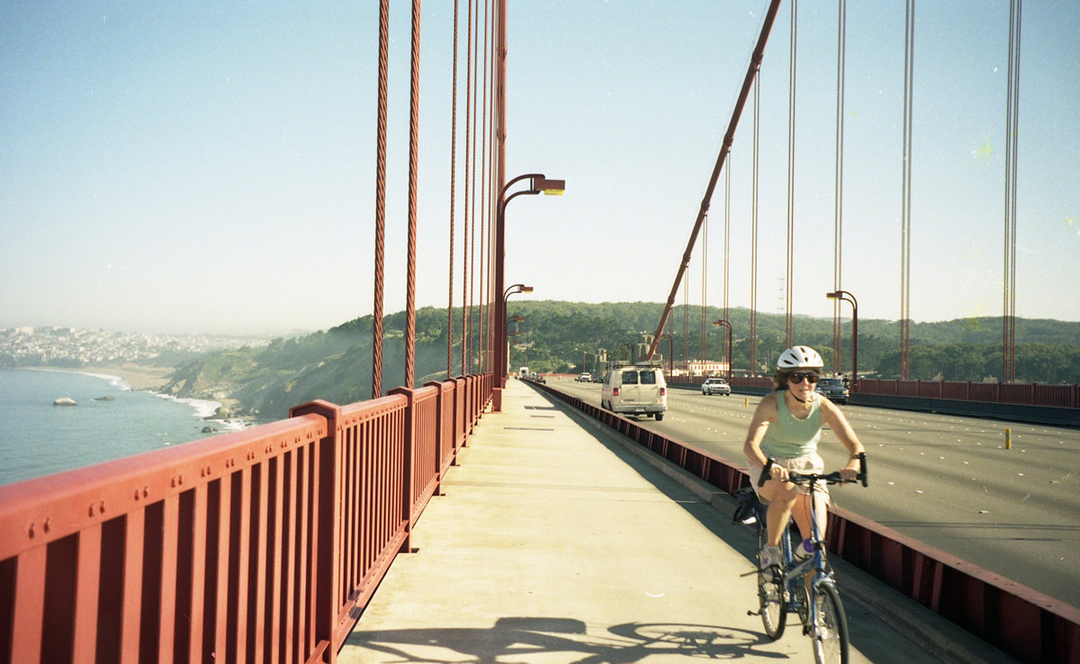Betsy Riding Her Bike Friday Across The Golden Gate Bridge