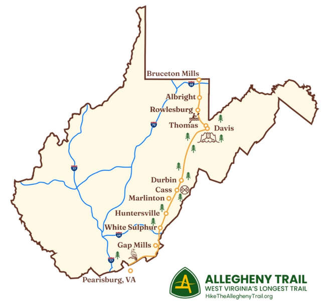  A map of the The Allegheny Trail in West Virginia