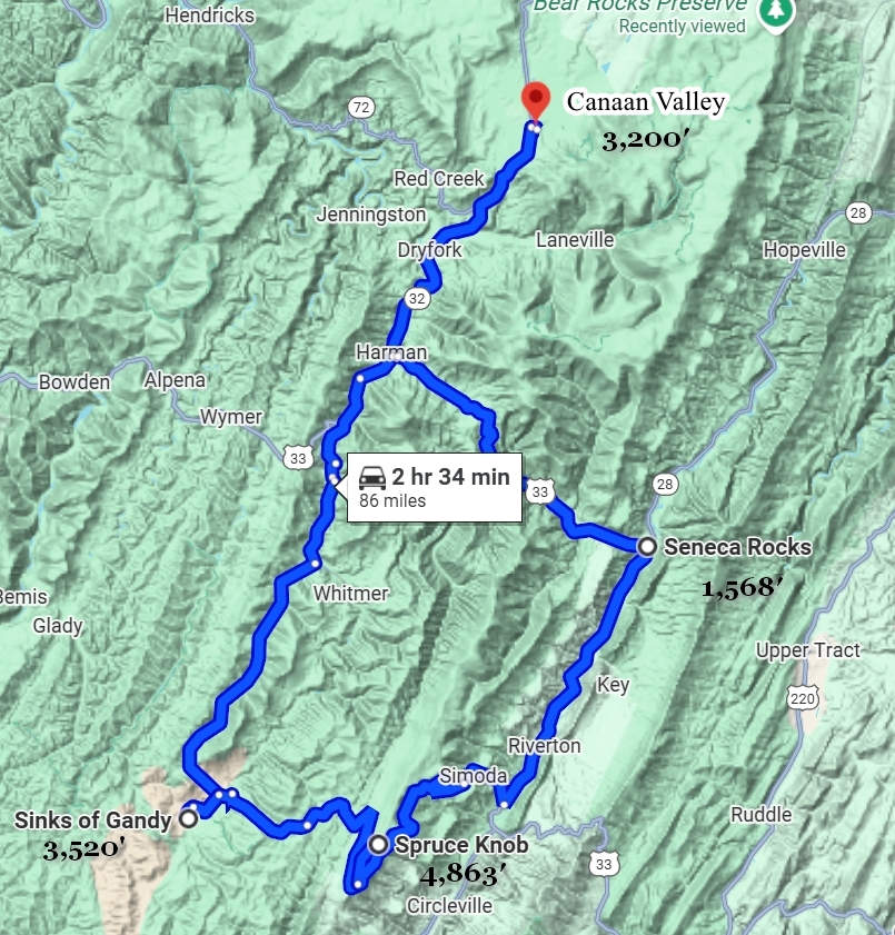 Route for our Thursday driving tour