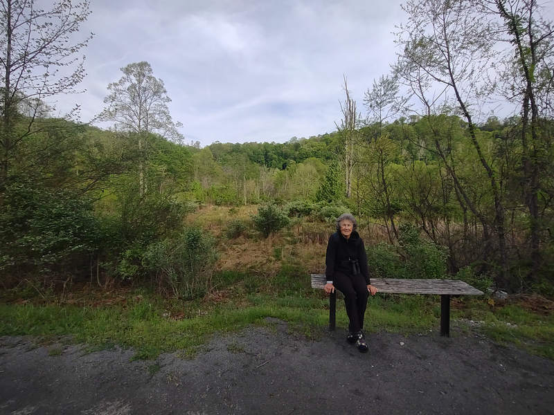 Betsy on our bench at Round Bottom
