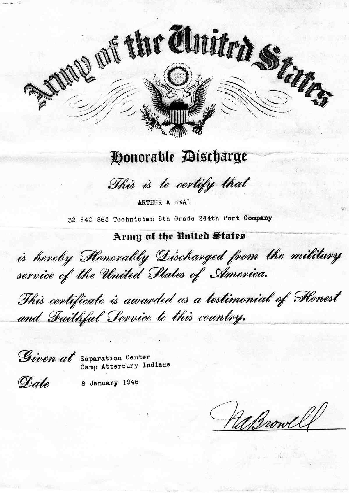 Arthur Beal - Military Discharge Papers