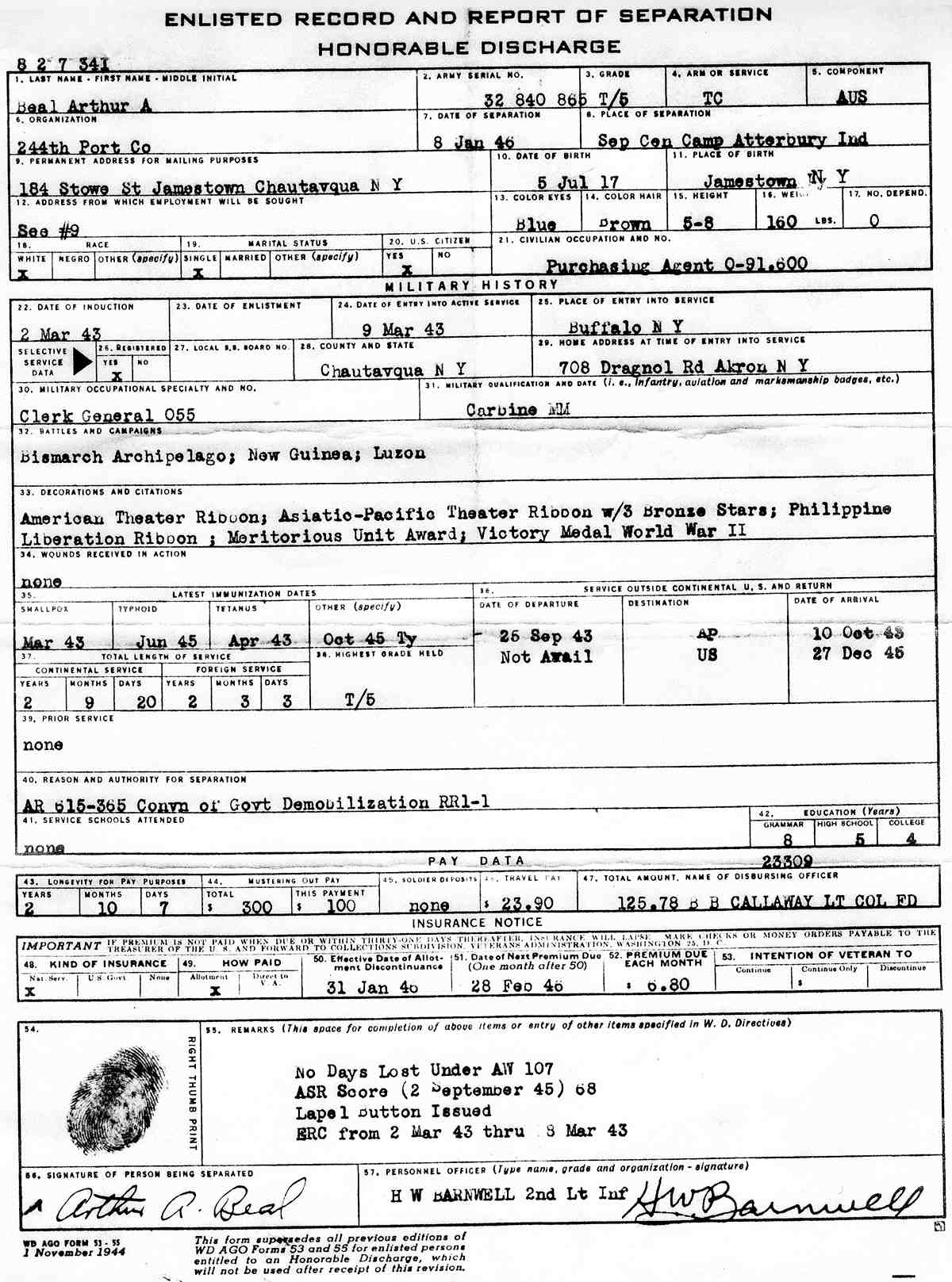 Arthur Beal - Military Discharge Papers Arthur Beal - Military Discharge Papers