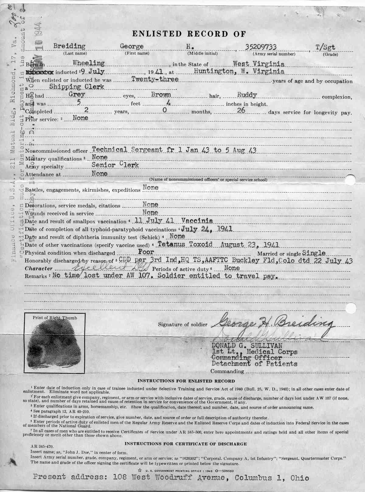 George Breiding - Military Discharge Papers George Breiding - Military Discharge Papers