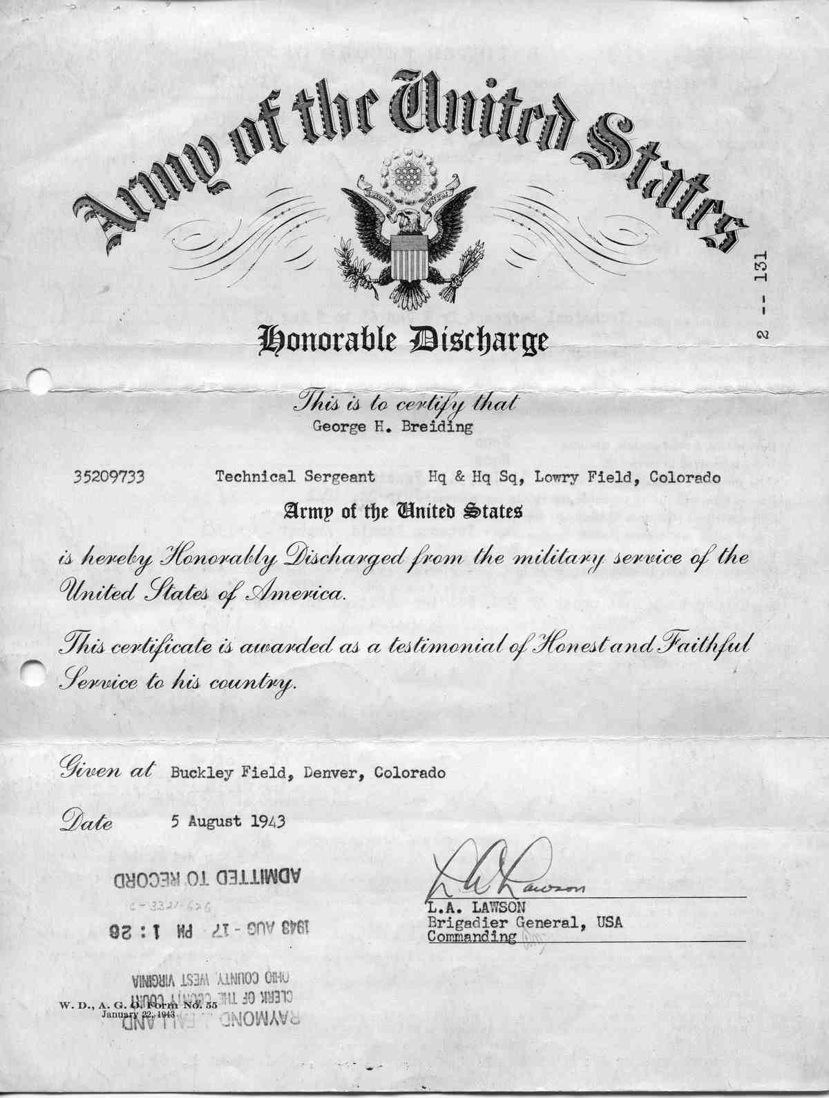 George Breiding - Military Discharge Papers George Breiding - Military Discharge Papers