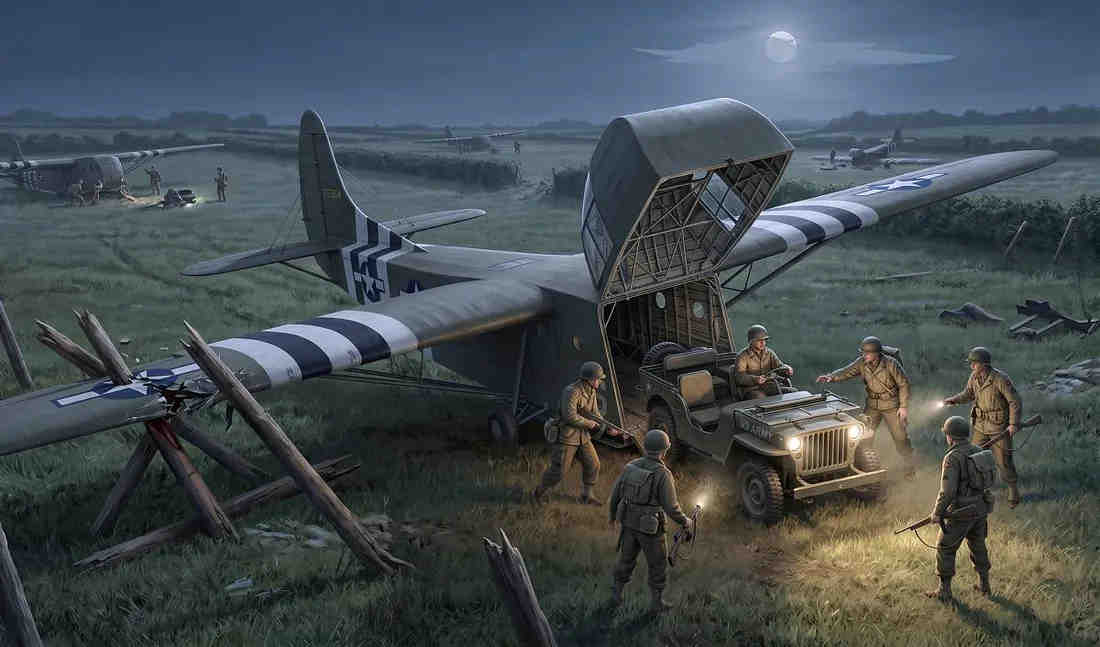 A detailed digital painting depicting a nighttime scene of a Waco glider that has landed in a grassy field, its nose propped open. U.S. Army soldiers are shown unloading a Willys Jeep from the cargo hold under the light of the moon and hand-held flashlights. (recreated by AI — prompted by author)