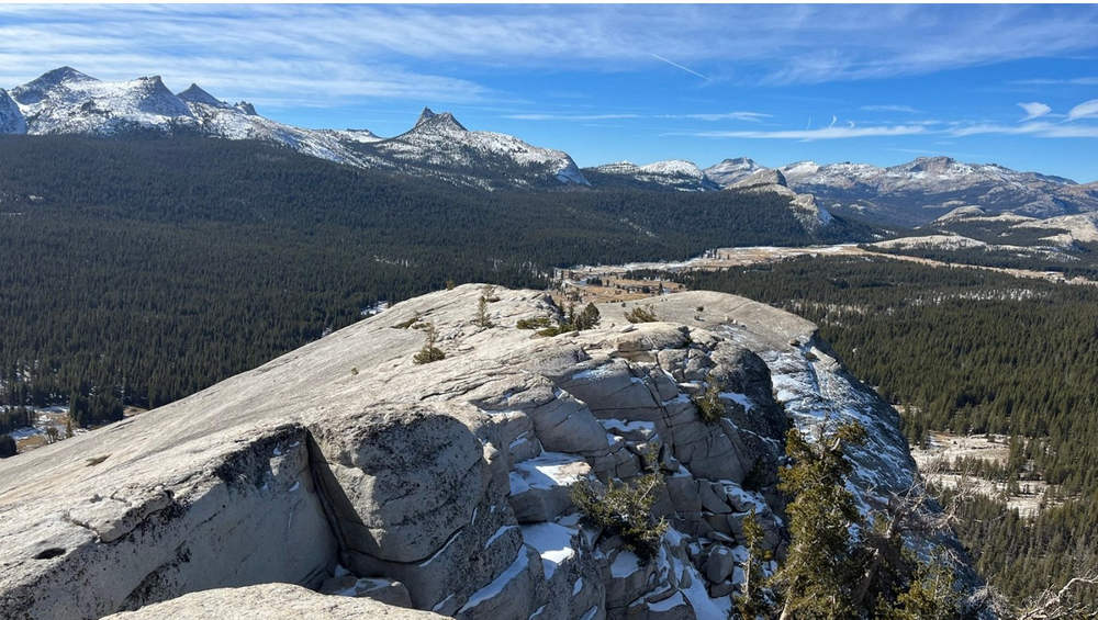 A view of the top of Lembert Dome, which has an elevation of about 9400 feet but is only about 800 feet higher than the floor of the meadows.