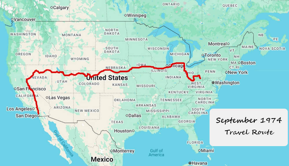 September 1974 Travel Route - 3327 miles, 12 states
