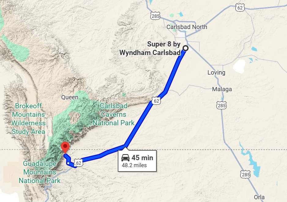 Route: Carlsbad NM to McKittrick Canyon TX