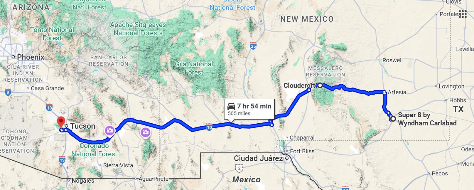 Carlsbad NM to Tucson AZ